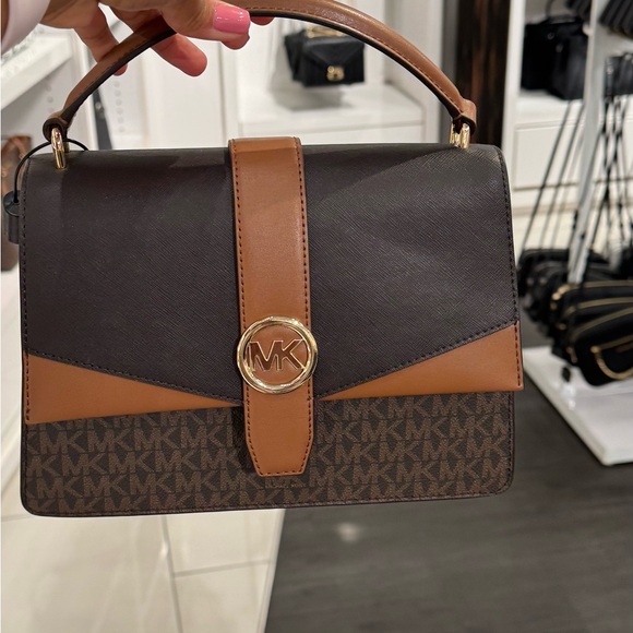 Michael Kors Brown and Tan Satchel with Gold MK Medallion